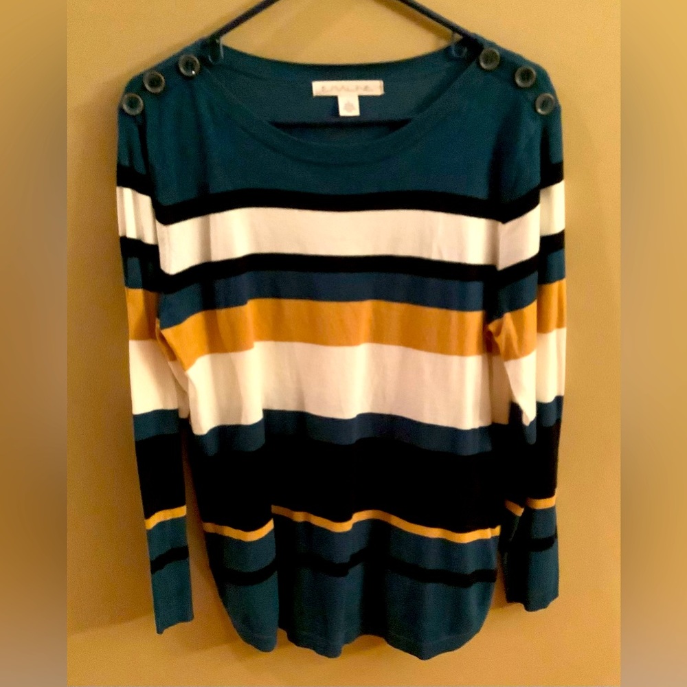 Emaline sweater with stripes of blue, black, white and  tanRN 107680